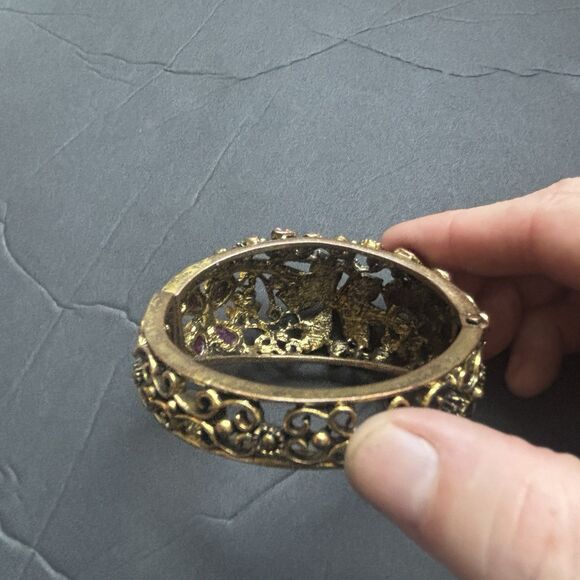 Vintage Mid Century Floral Rhinestone Clamper Bracelet Purple Pink Jewelry - Picture 16 of 16